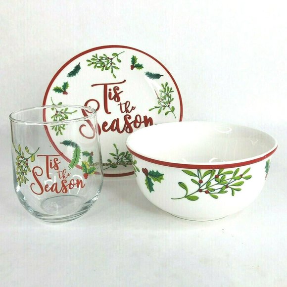New Royal Norfolk Christmas Set  3 Piece Plate Bowl Glass Tis The Season Holly - Picture 1 of 12